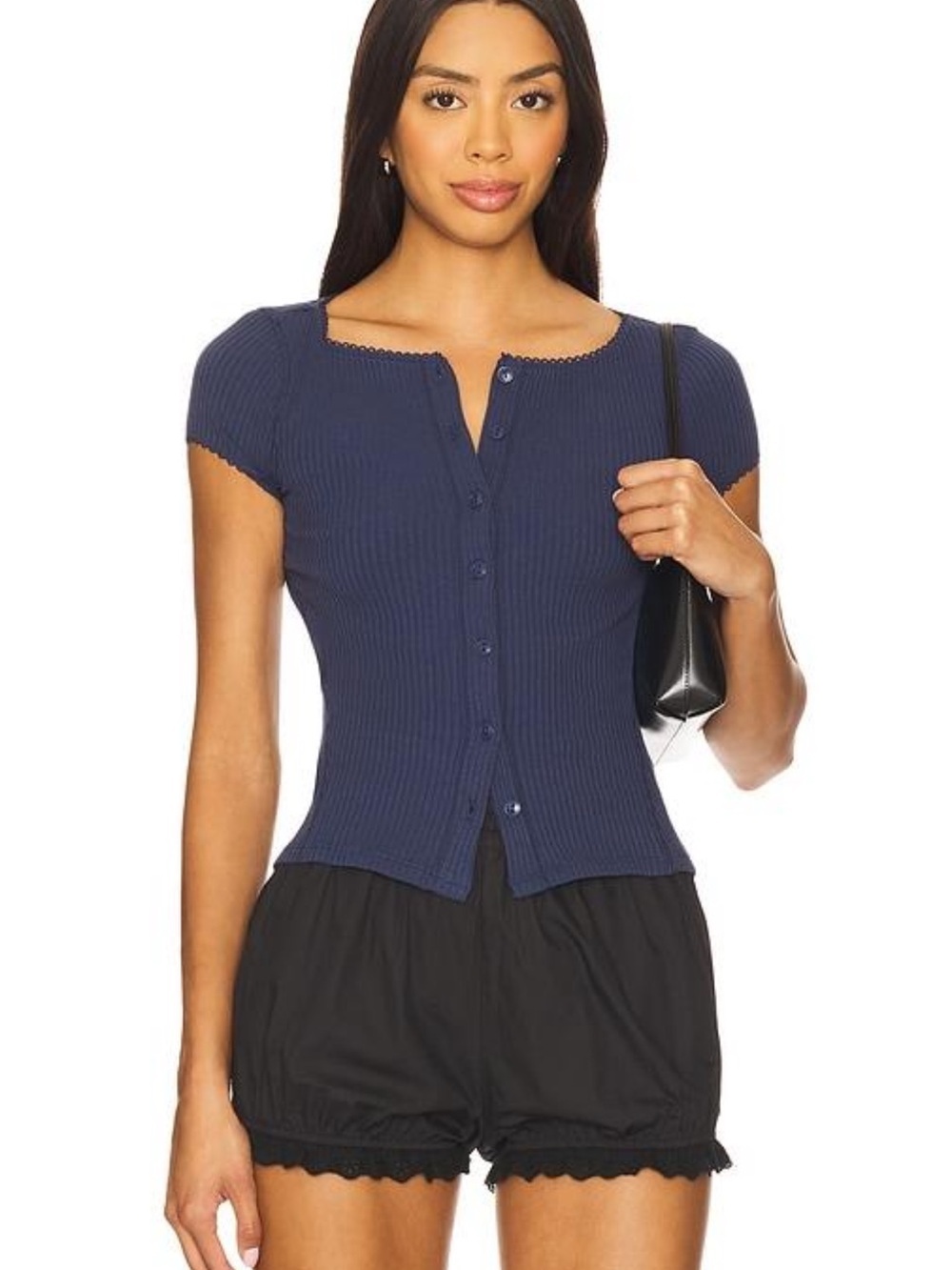 Free People Navy Ribbed Button-Down Short Sleeve Top